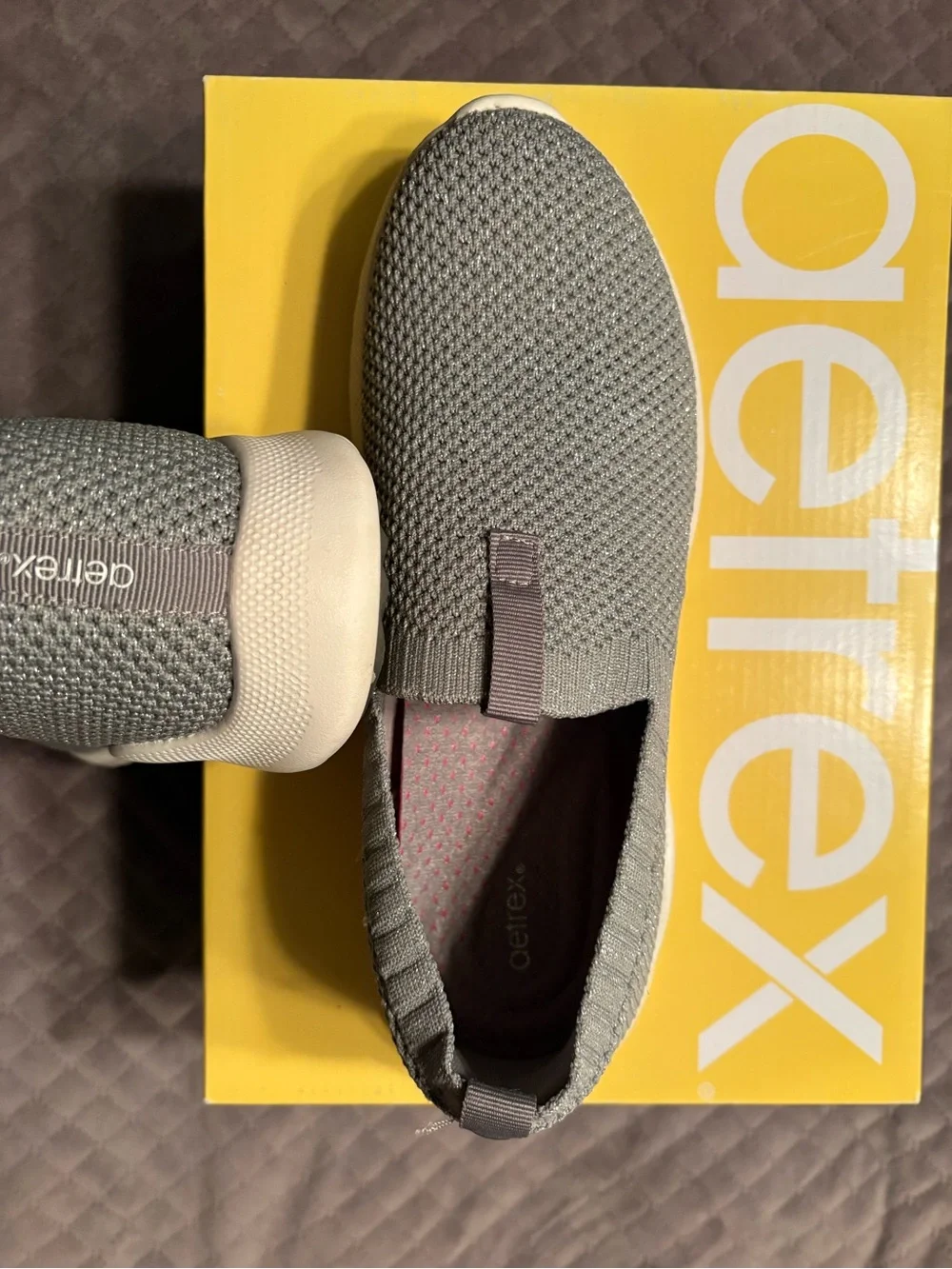 Aetrex Angie Slip On Sneakers Size 8.5 Grey sparkle arch support stretch knit